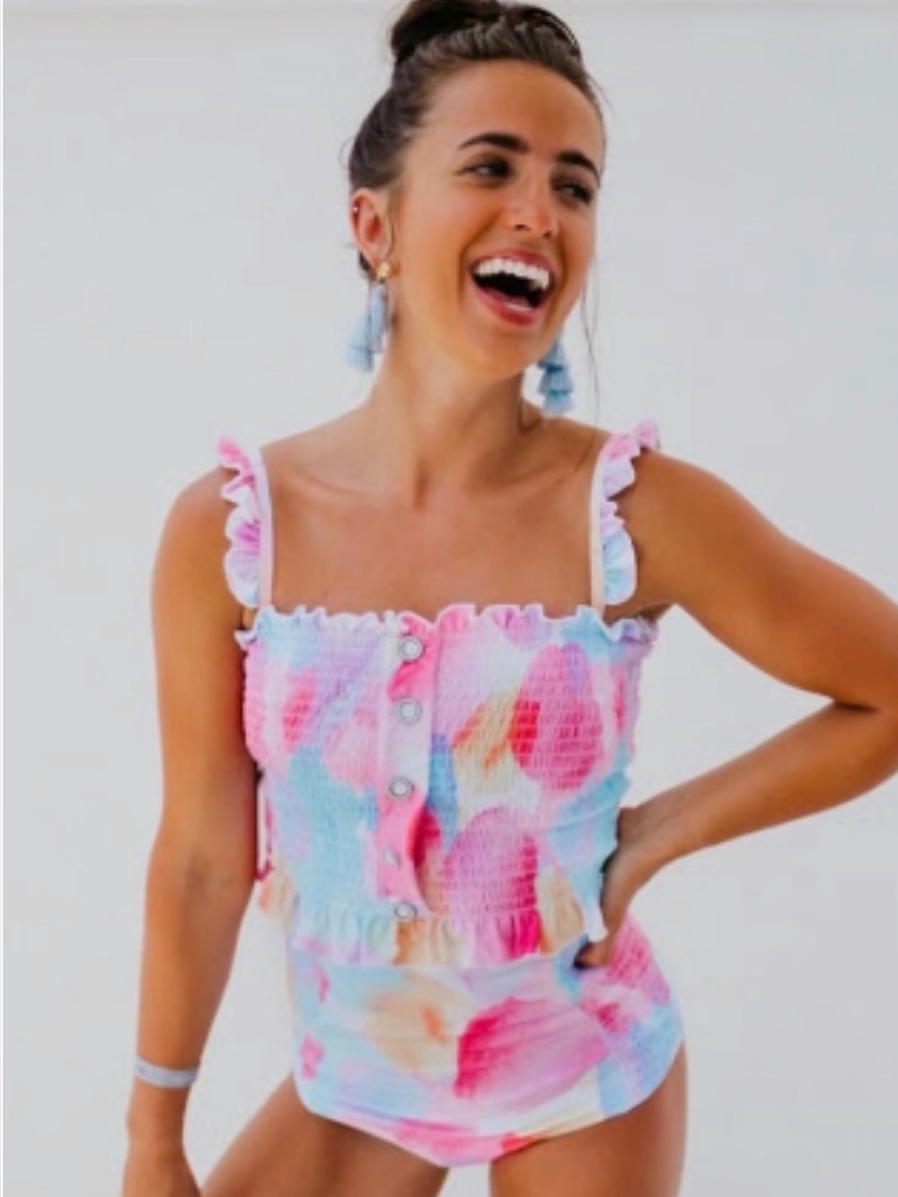 RAD swim Betsey Smocked Tankini Top tank rainbow lined tie-up corset style swim